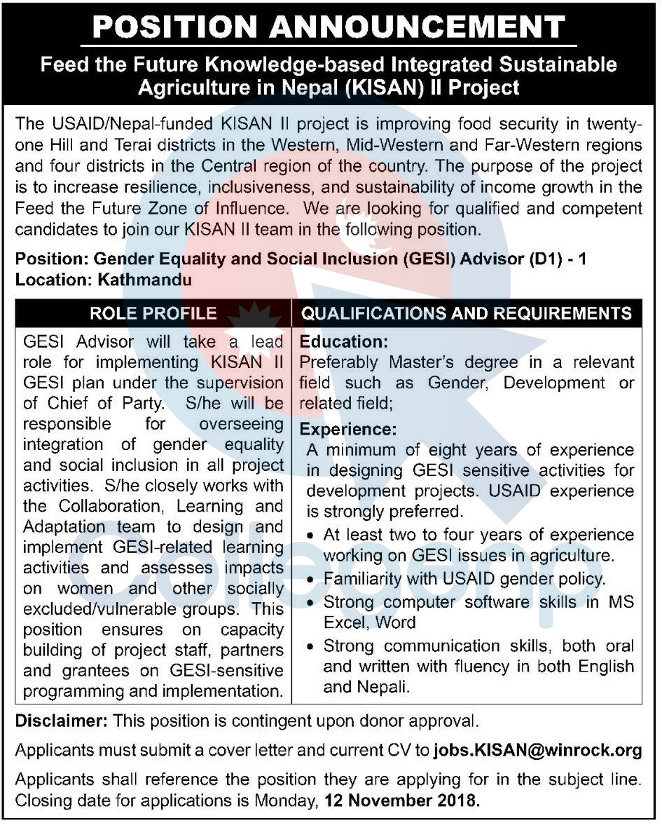 USAID Nepal Funded KISAN II Project Job Vacancy