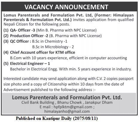 Lomus Parenterals and Formulation