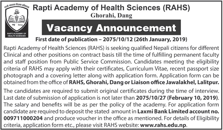 Rapti Academy of Health Sciences Vacancy