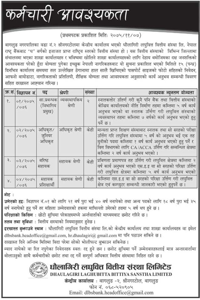 Dhaulagiri Laghubitta Bittiya Sanstha Vacancy