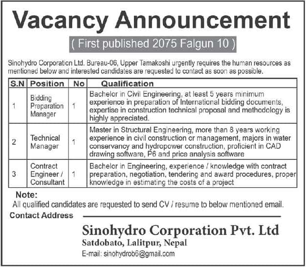 Sinohydro Corporation Vacancy