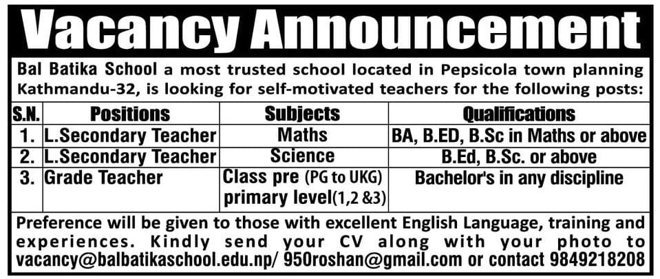 Bal Batika School Vacancy for Teacher