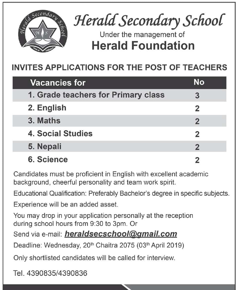 Herald Secondary School Vacancy for Teachers