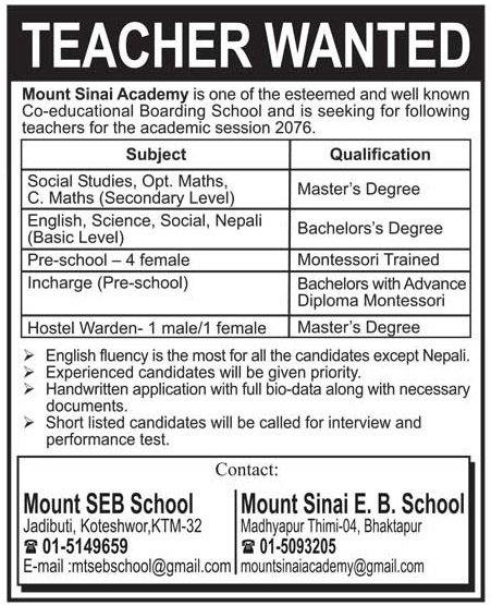 Teachers Vacancy at Mount Sinai Academy