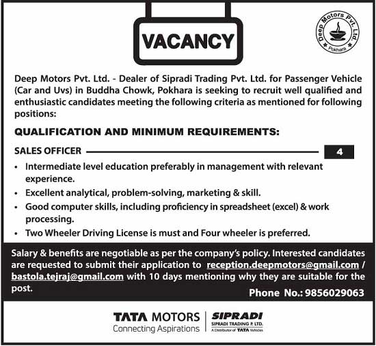 Deep Motors Vacancy for Sales Officer