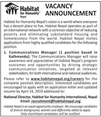 Habitat for Humanity Nepal Vacancy for Communications Manager