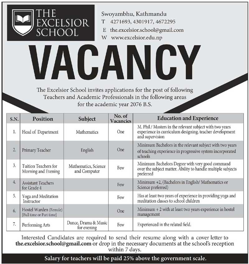 The Excelsior School Vacancy for Teachers and Staffs