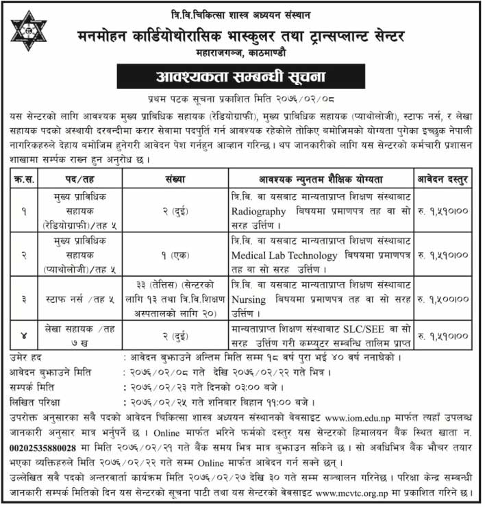 Manmohan Cardiothoracic Vascular and Transplant Center Vacancy notice