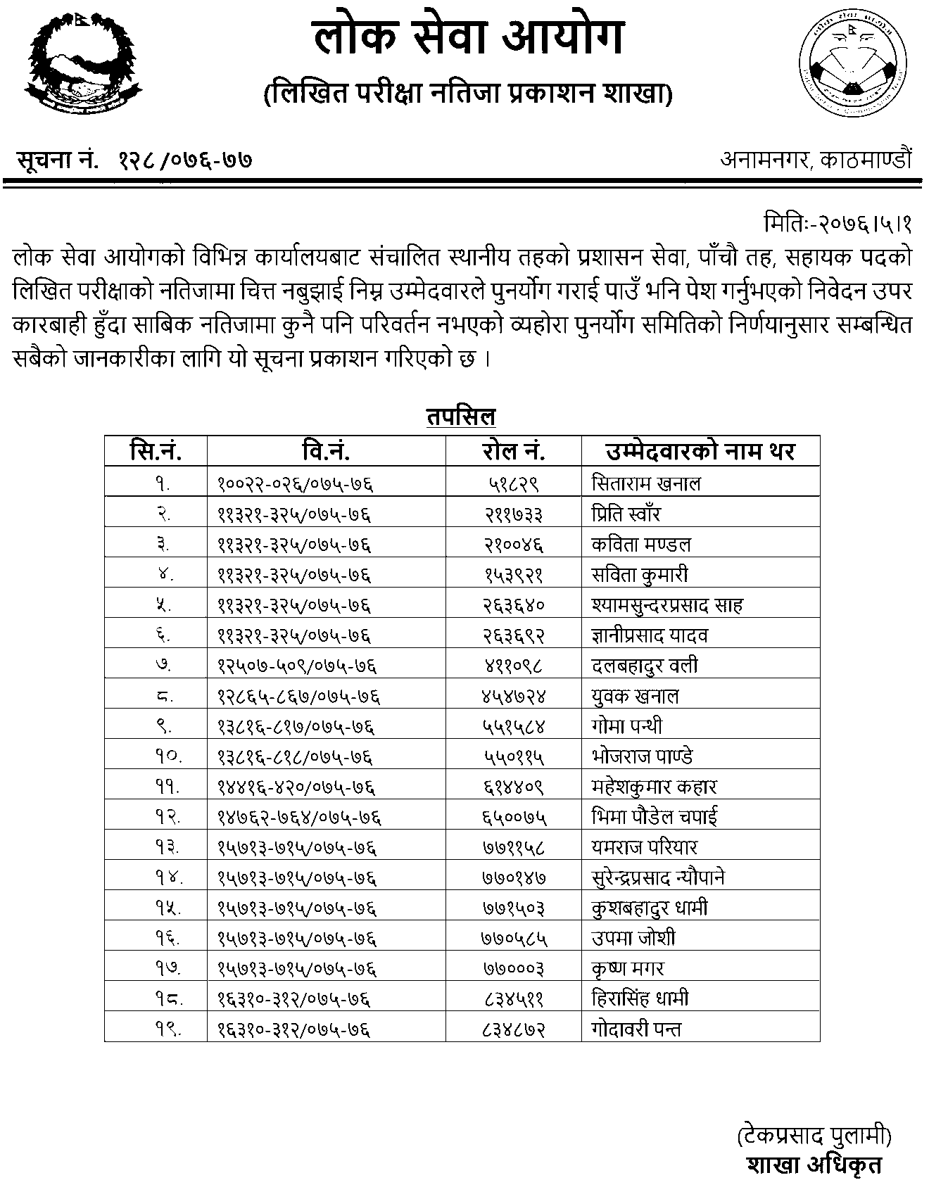 Lok Sewa Aayog Local Level Assistant 5th Level Re-totaling Result