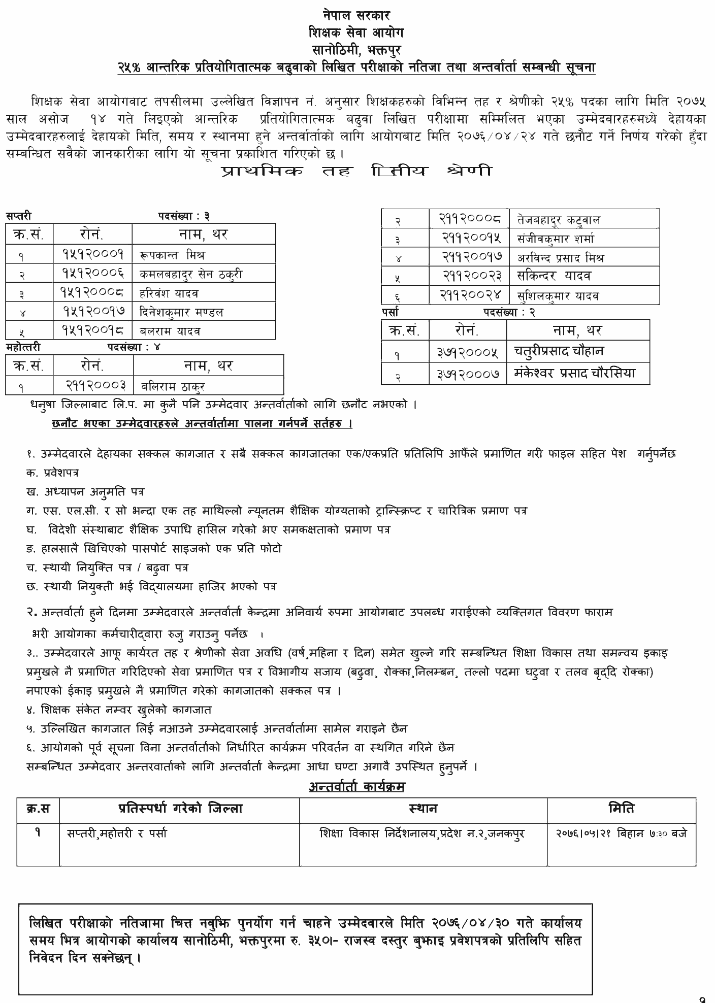 Province No. 2 of Basic Level Grade Increment Final Result - TSC