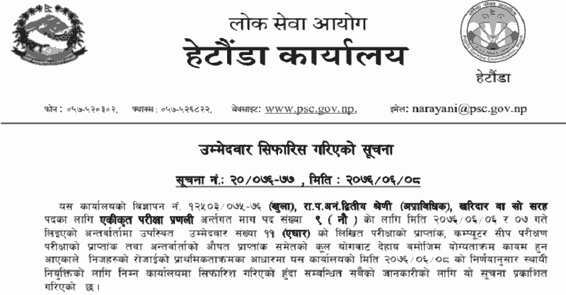 Lok Sewa Aayog Hetauda Published Final Result Kharidar