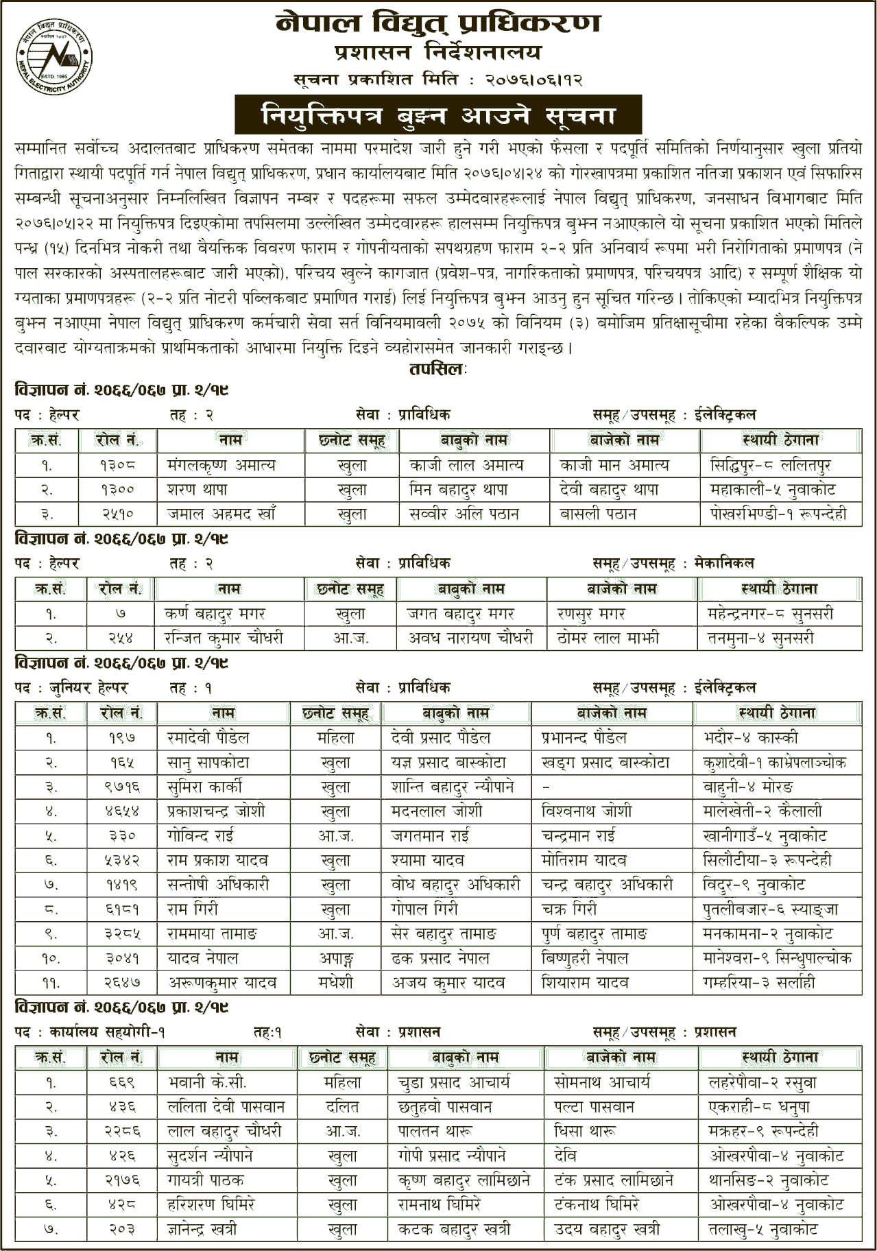 Nepal Electricity Authority Notice for Selected Candidates