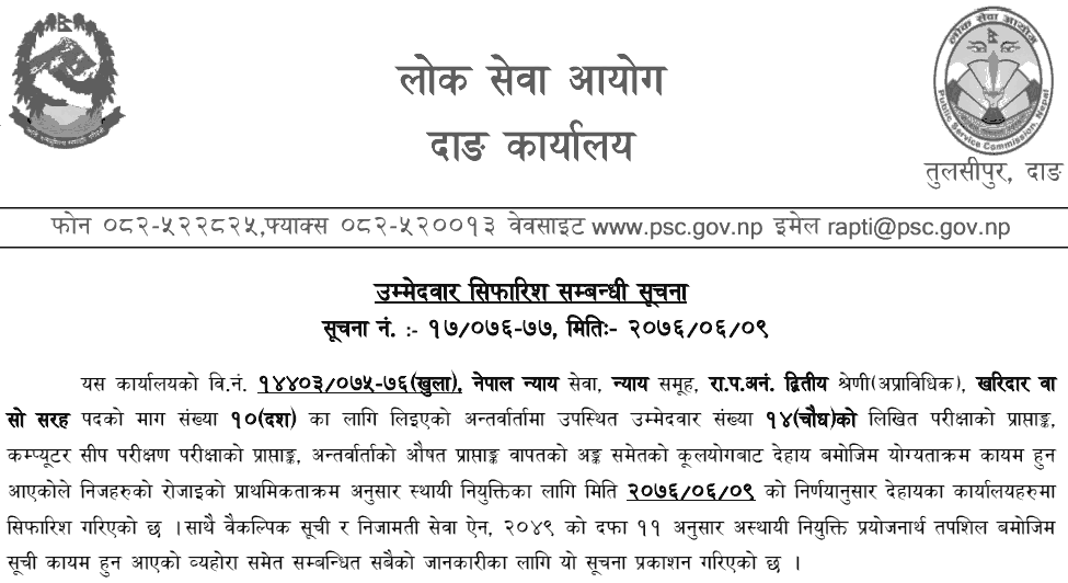 Lok Sewa Aayog Dang Published Final Result of Kharidar