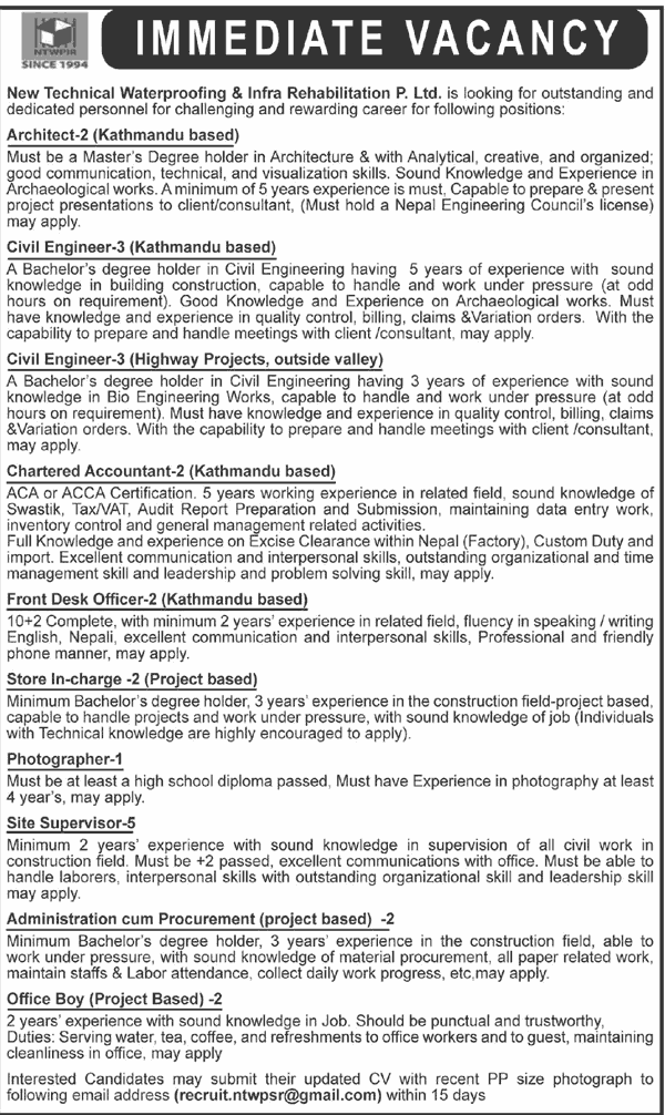 New Technical Waterproofing and Infra Rehabilitation Published Job Vacancy Notice