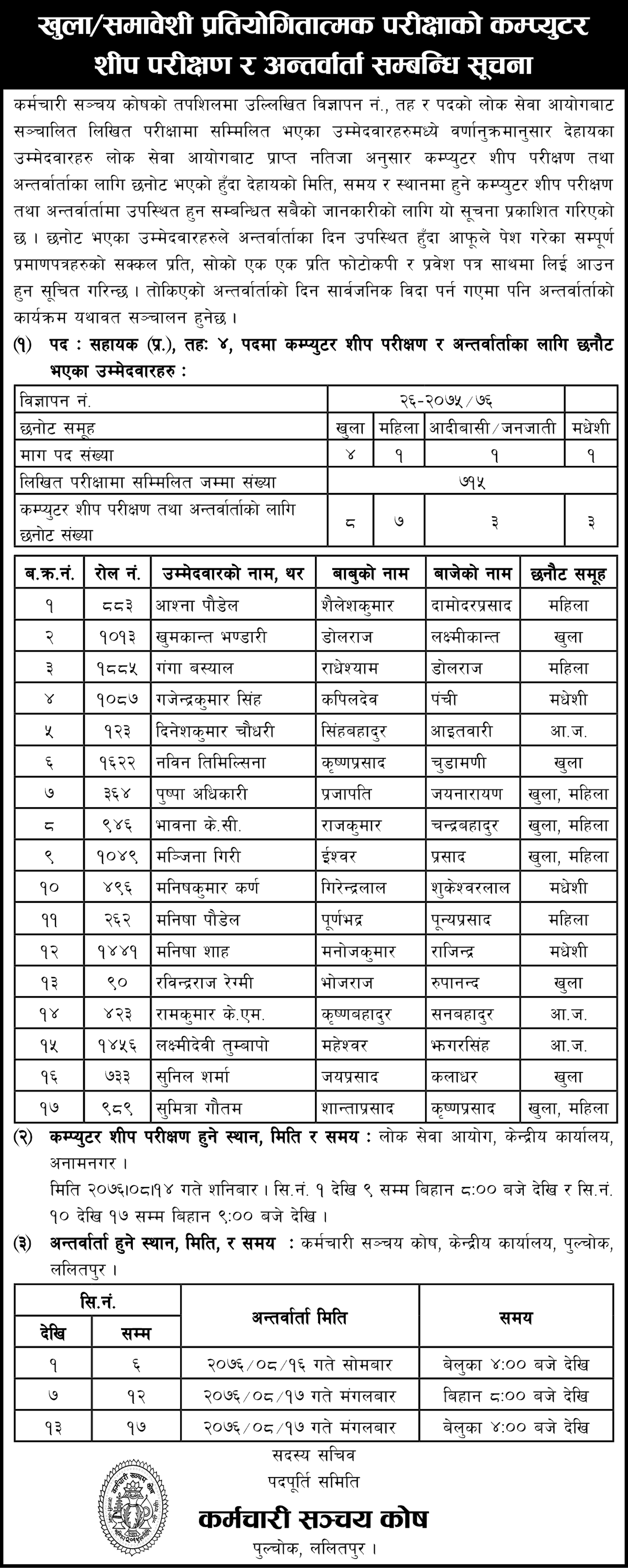 Karmachari Sanchaya Kosh Published Written Exam Result and Interview Schedule