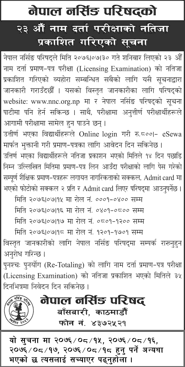 Nepal Nursing council Pulished 23rd Licensing Examination Result