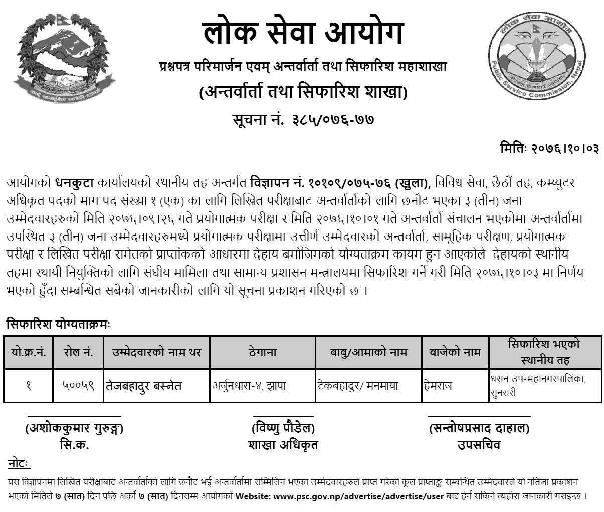 Lok Sewa Aayog Dhankuta Local Level 6th Computer Officer Final Result