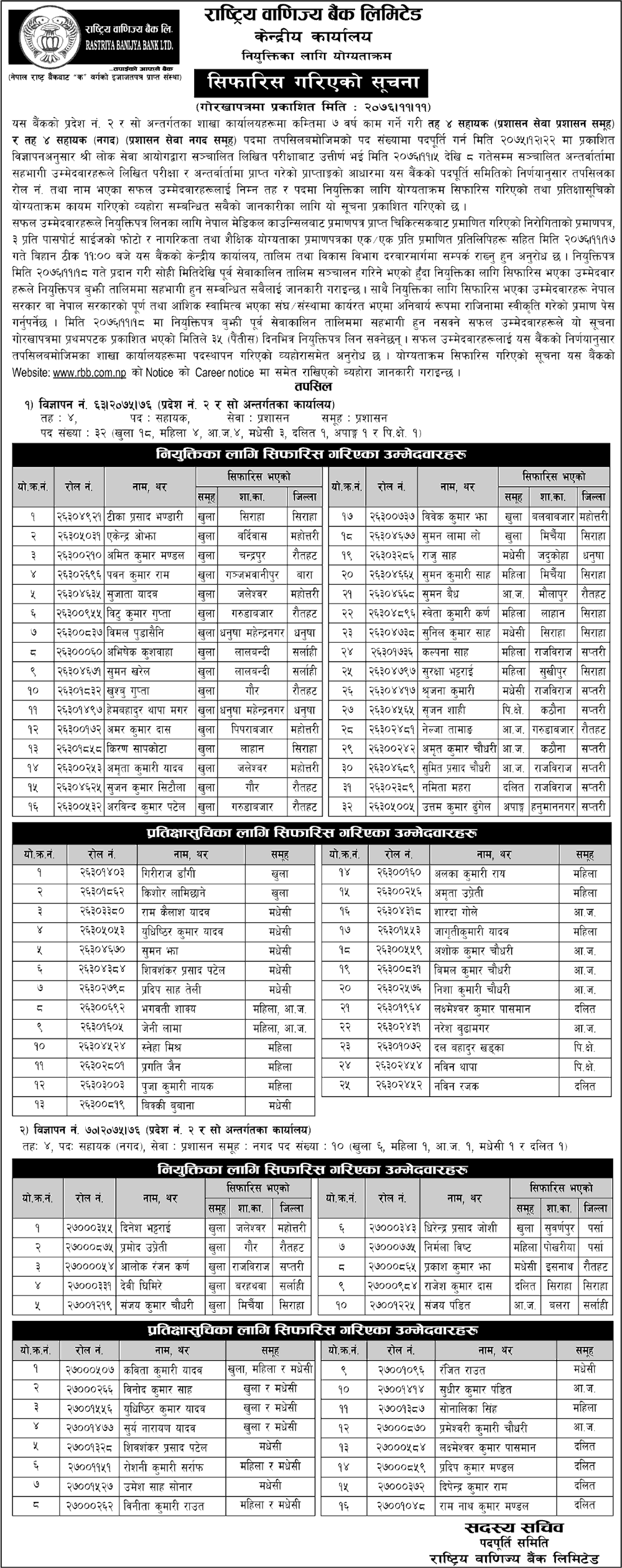 Rastriya Banijya Bank Assistant Level Final Result and Recommendation - Province 2