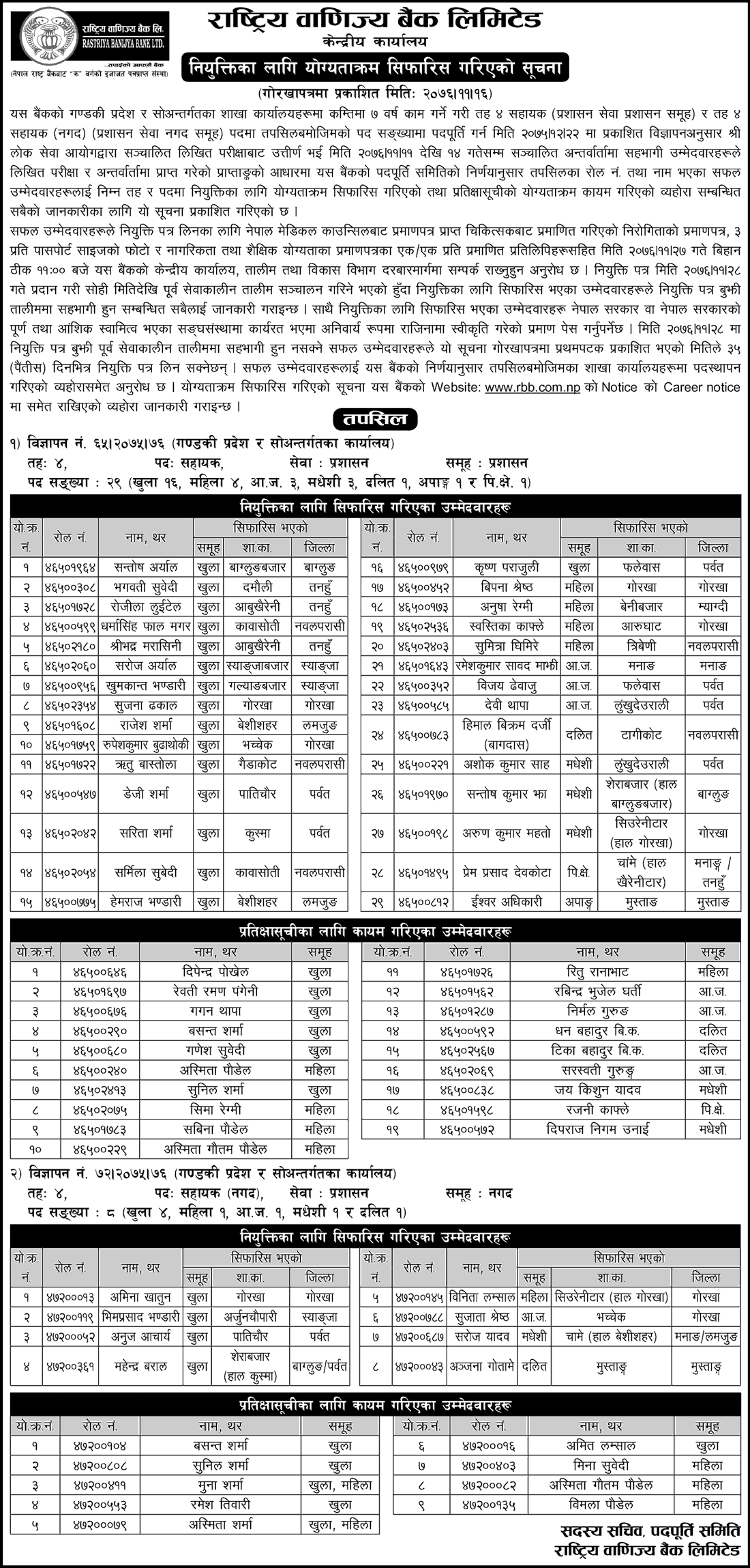 Rastriya Banijya Bank Final Result and Recommendation Gandaki Pradesh