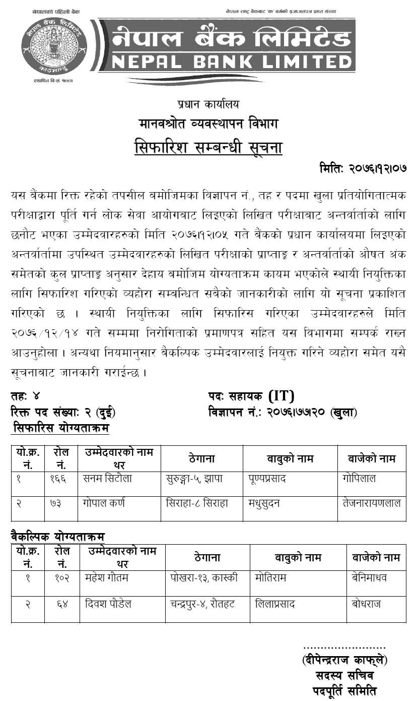 Nepal Bank Limited Publishes Notice Regarding Final Result and Recommendation