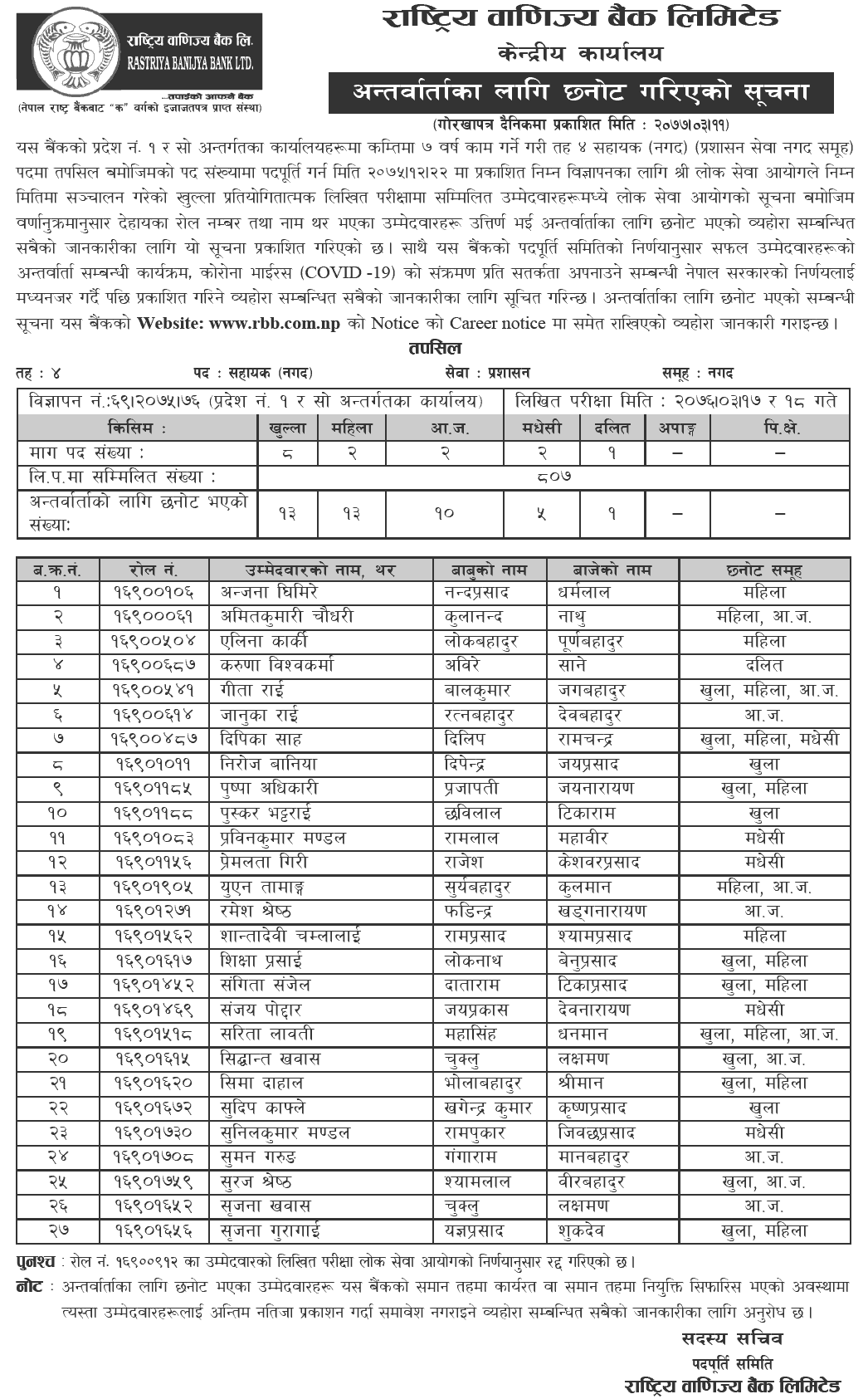 Rastriya Banijya Bank Written Exam Result and Interview Schedule of Assistant Post