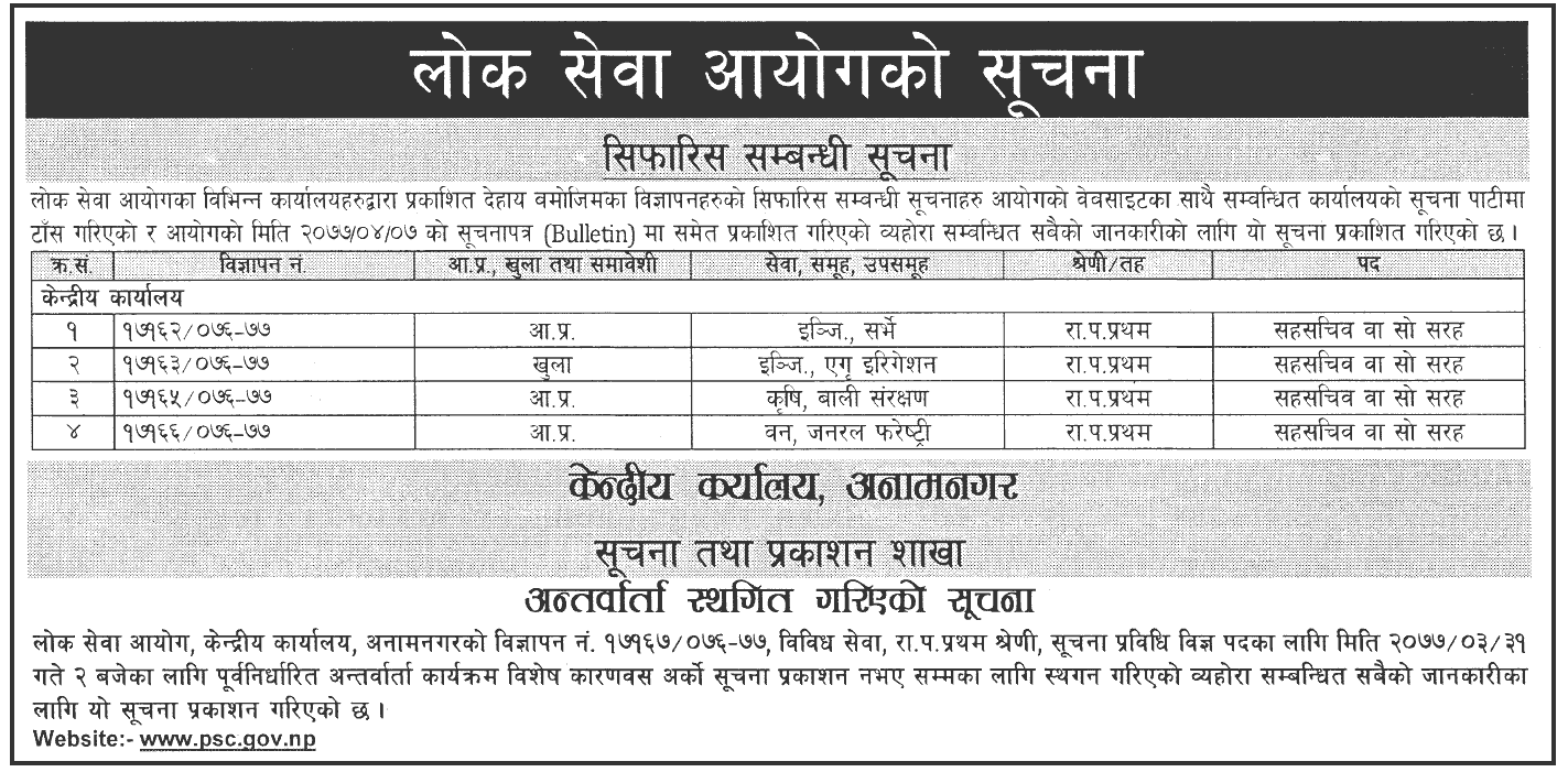 Lok Sewa Aayog Weekly Notice 2077 Shrawan 7