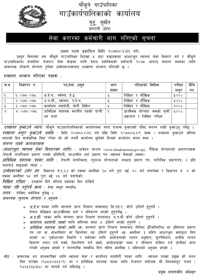 Chaukune Rural Municipality Vacancy for ANM, HA, Office Assistant and ...