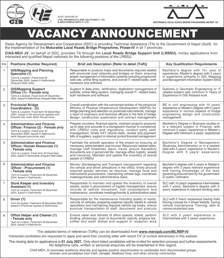 Motorable Local Roads Bridge Programme (MLRBP-IV) Vacancy for Various Positions