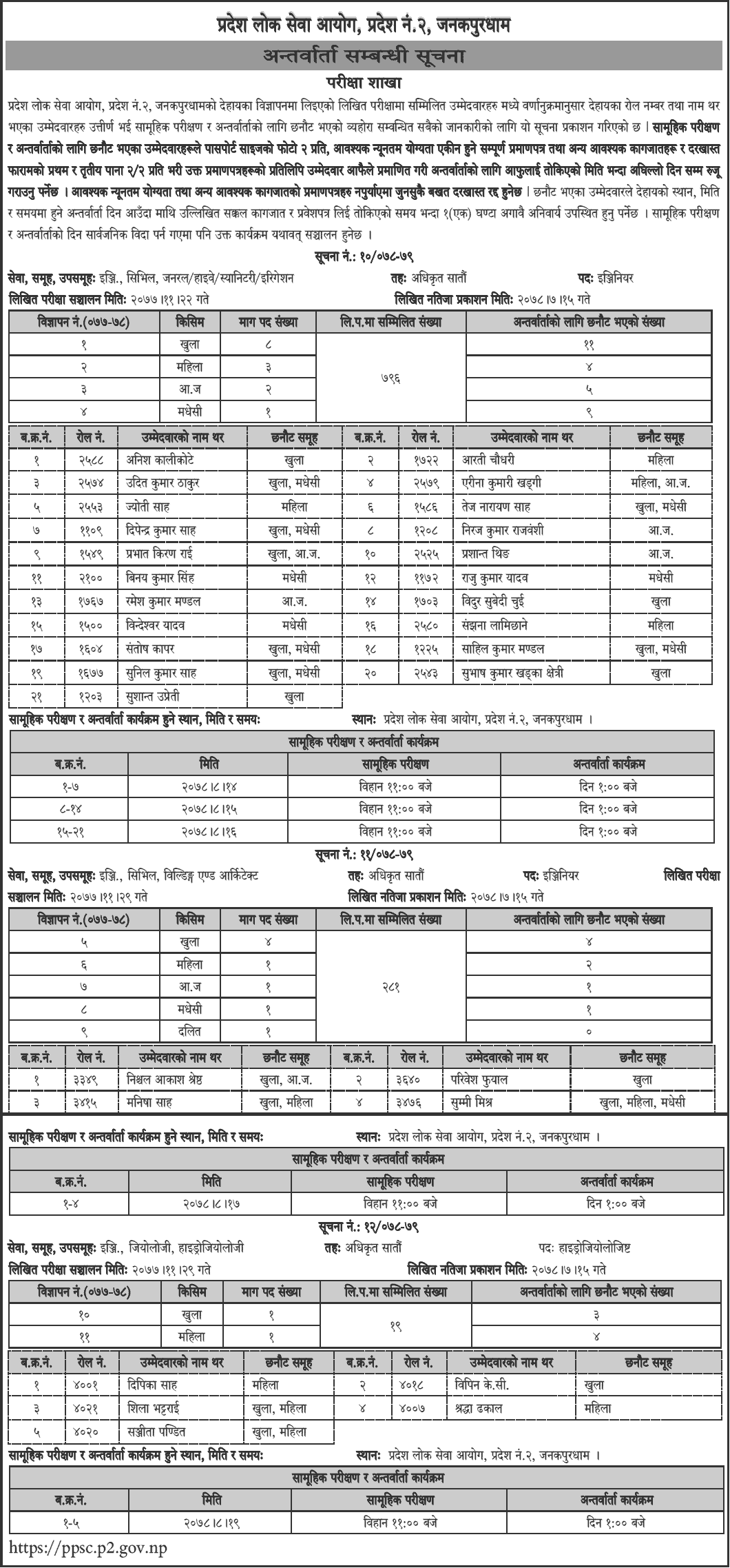 Pradesh 2 Lok Sewa Aayog Interview Schedule of Engineer and Hydrologist