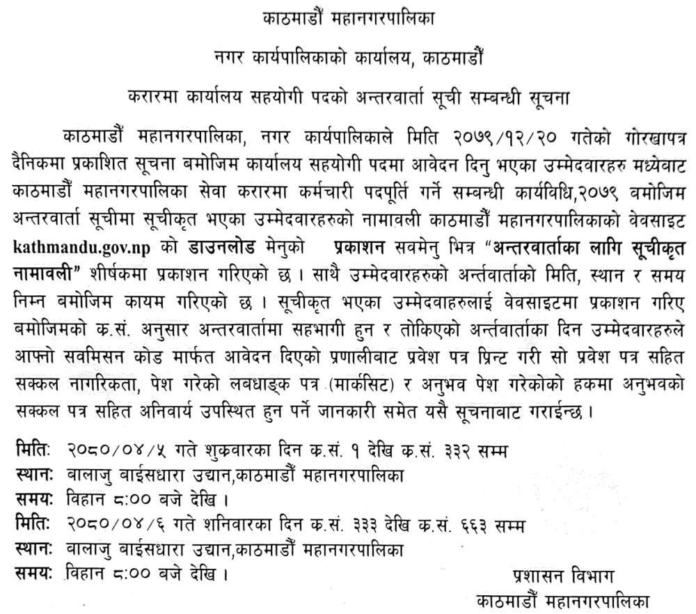 Kathmandu Metropolitan City Shortlisting and Interview Notice for ...