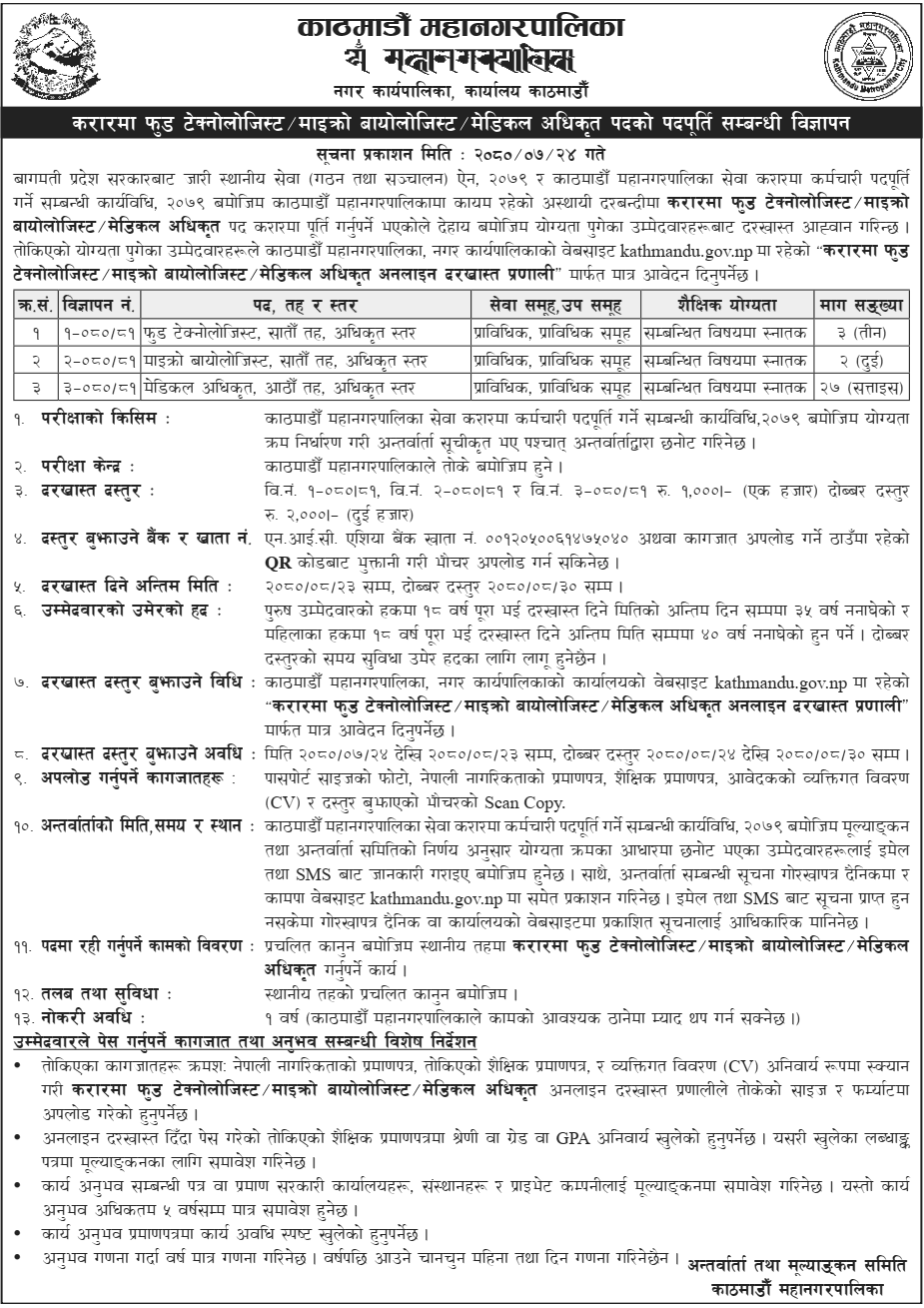 Kathmandu Metropolitan City Vacancy for Food Technologist ...