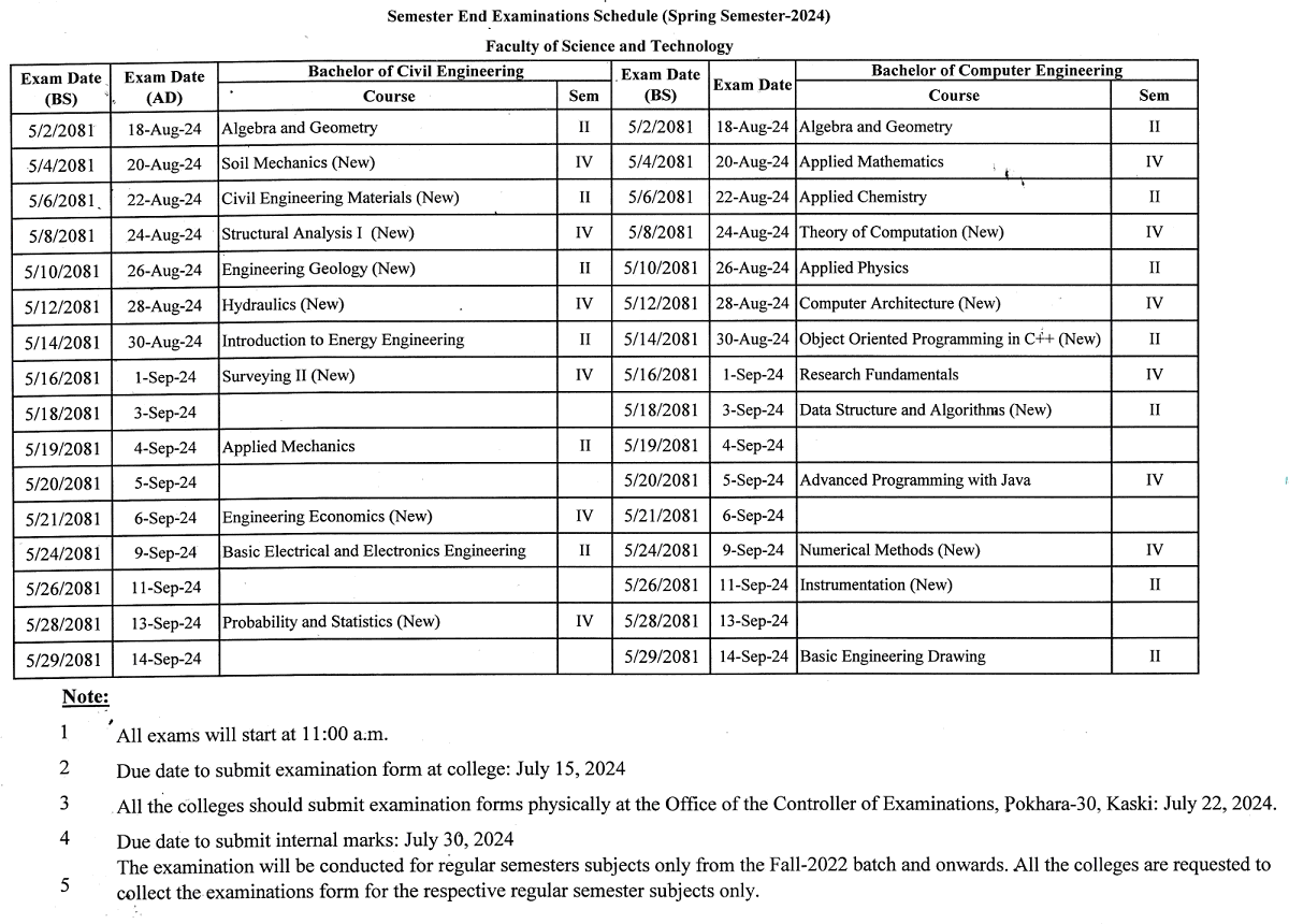 Routine of  Pokhara University Exam Spring 2023 (New courses) of BE Civil 