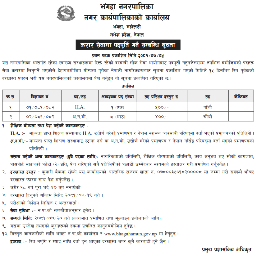 Bhagaha Municipality Vacancy for HA and ANM Positions 2081 