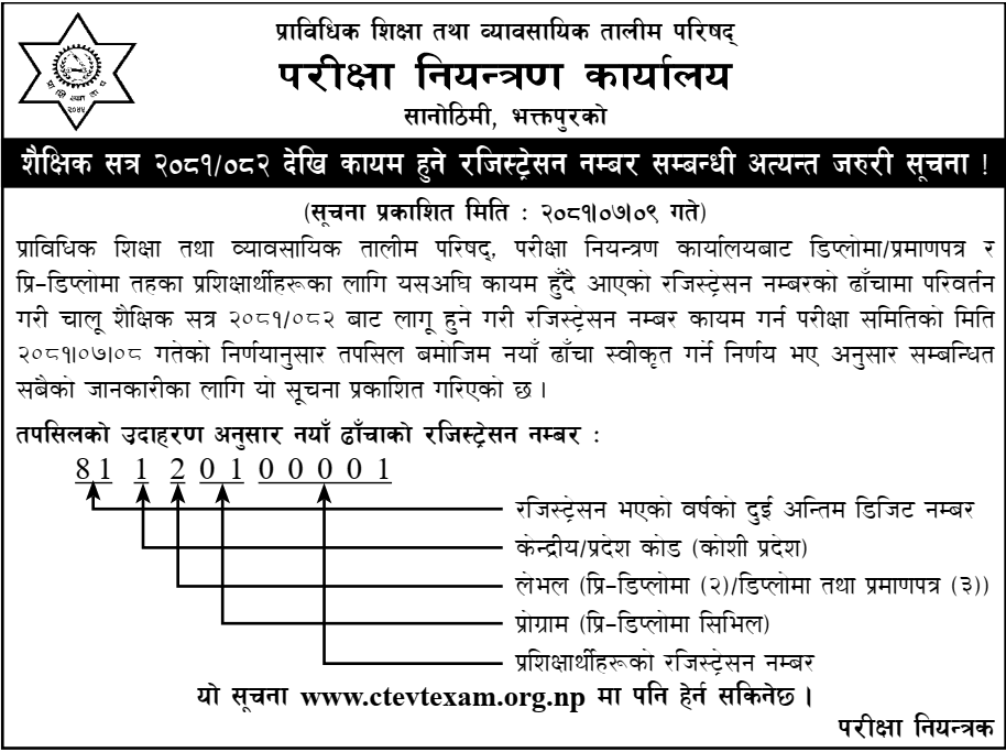 CTEVT Registration Number Updates for the Academic Session 2081 2082 