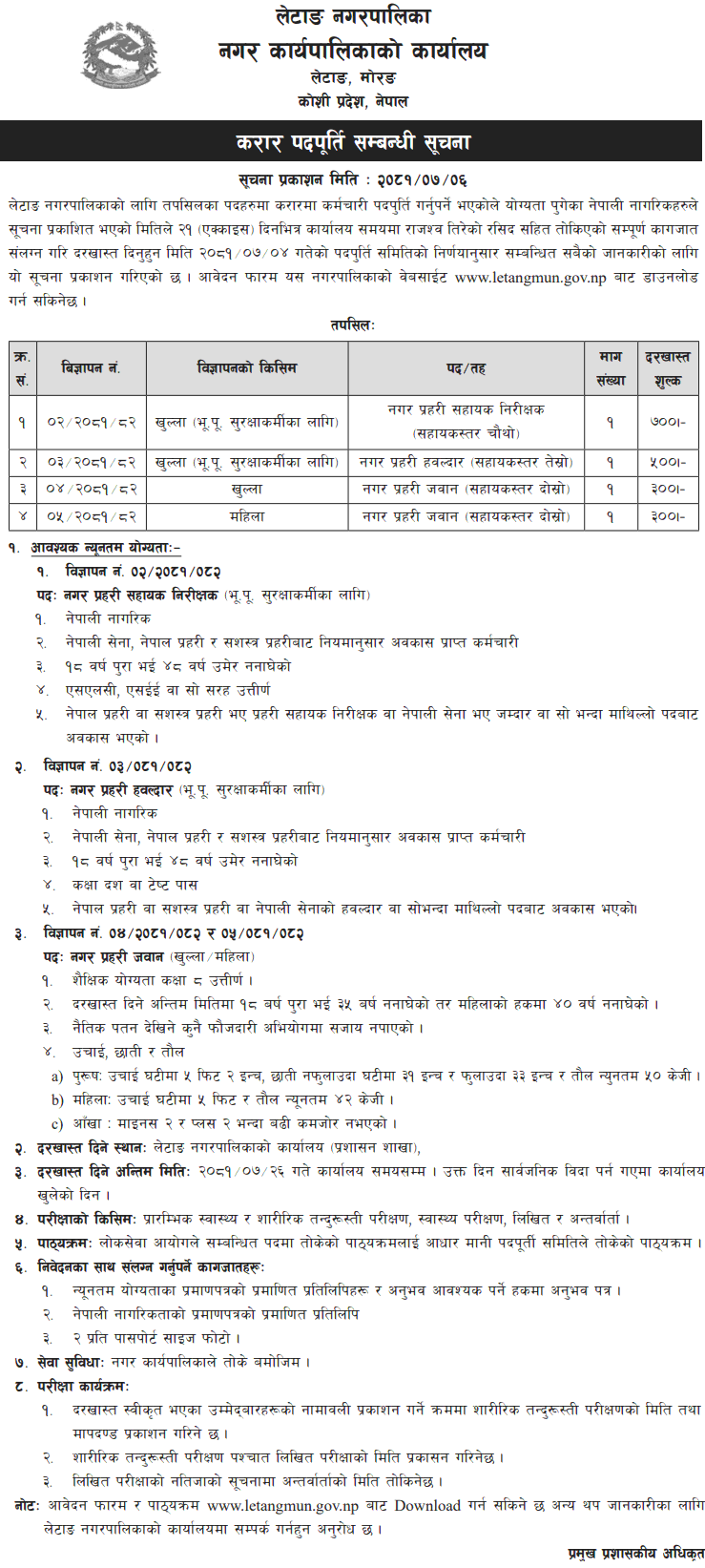 Letang Municipality Vacancy Announces for Nagar Prahari 2081 