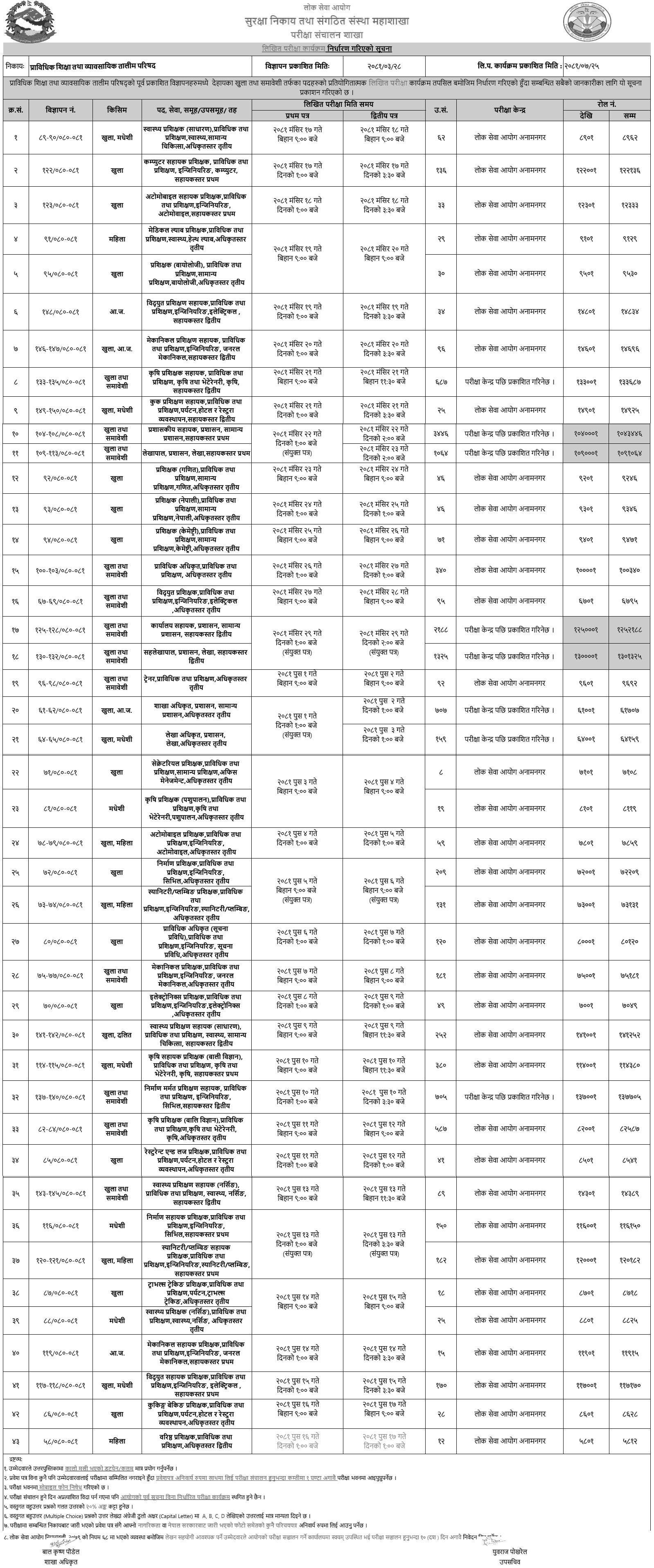 CTEVT Exam Schedule for Open and Inclusive Positions 2081-1 