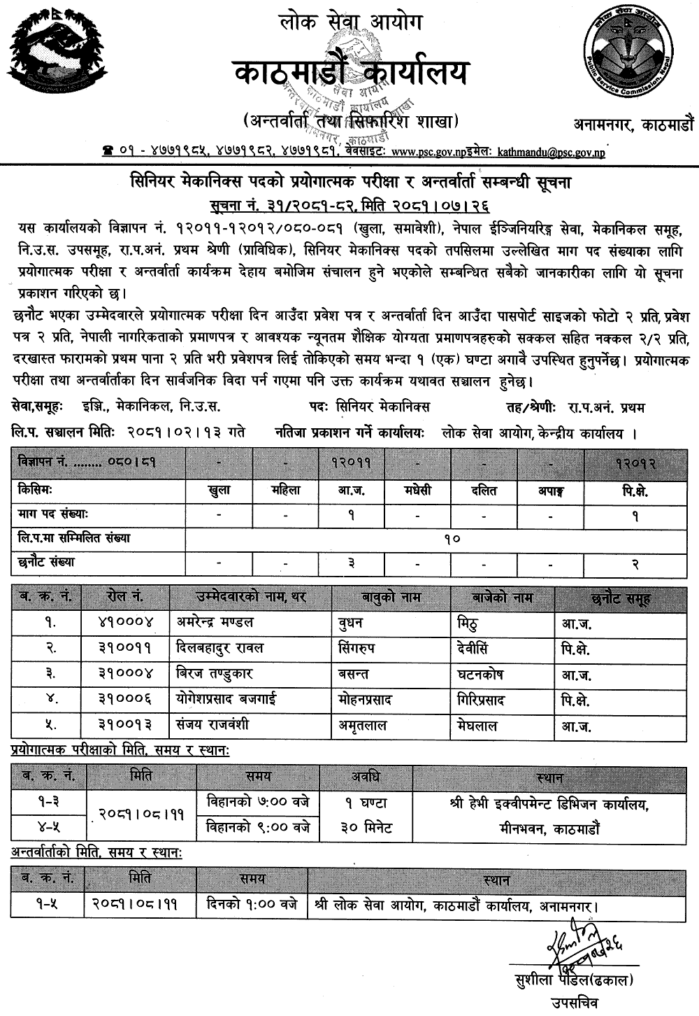 Lok Sewa Aayog Hetauda Senior Mechanics Practical Exam and Interview Notice 