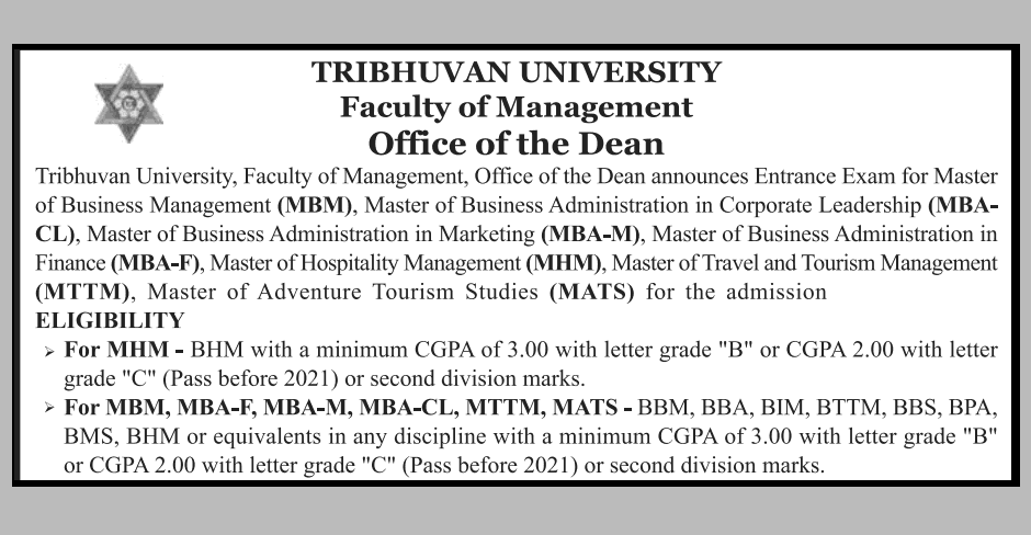 MBM, MBA-F, MBA-M, MBA-CL, MTTM, MATS, MHM Admission Open from Tribhuvan University TU 