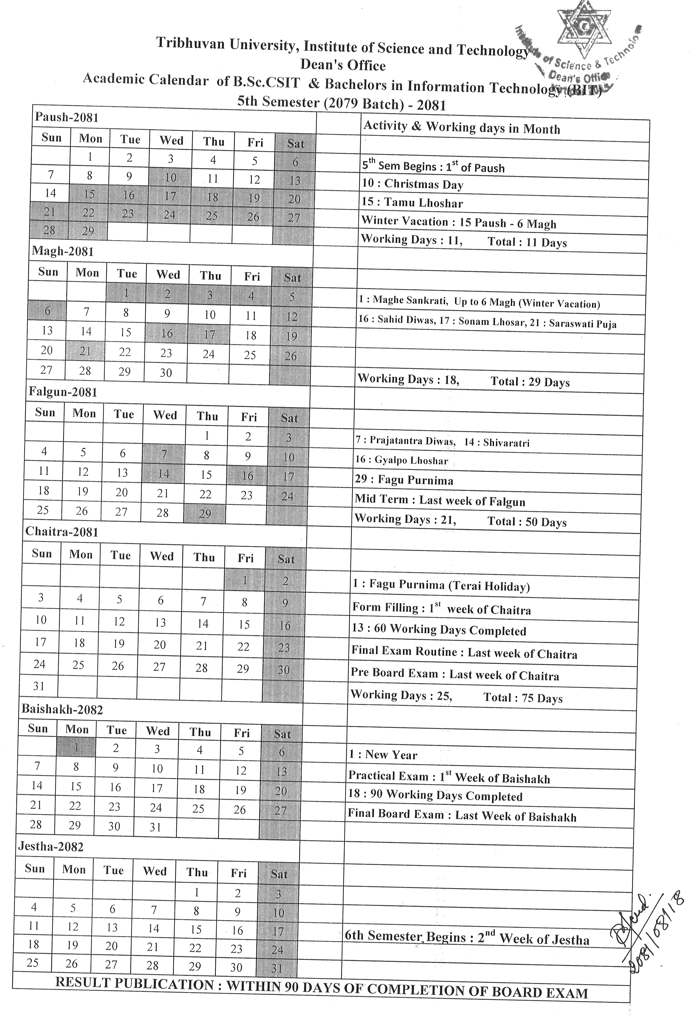 BSc CSIT and BIT V Semester-2079 Batch Academic Calendar TU 