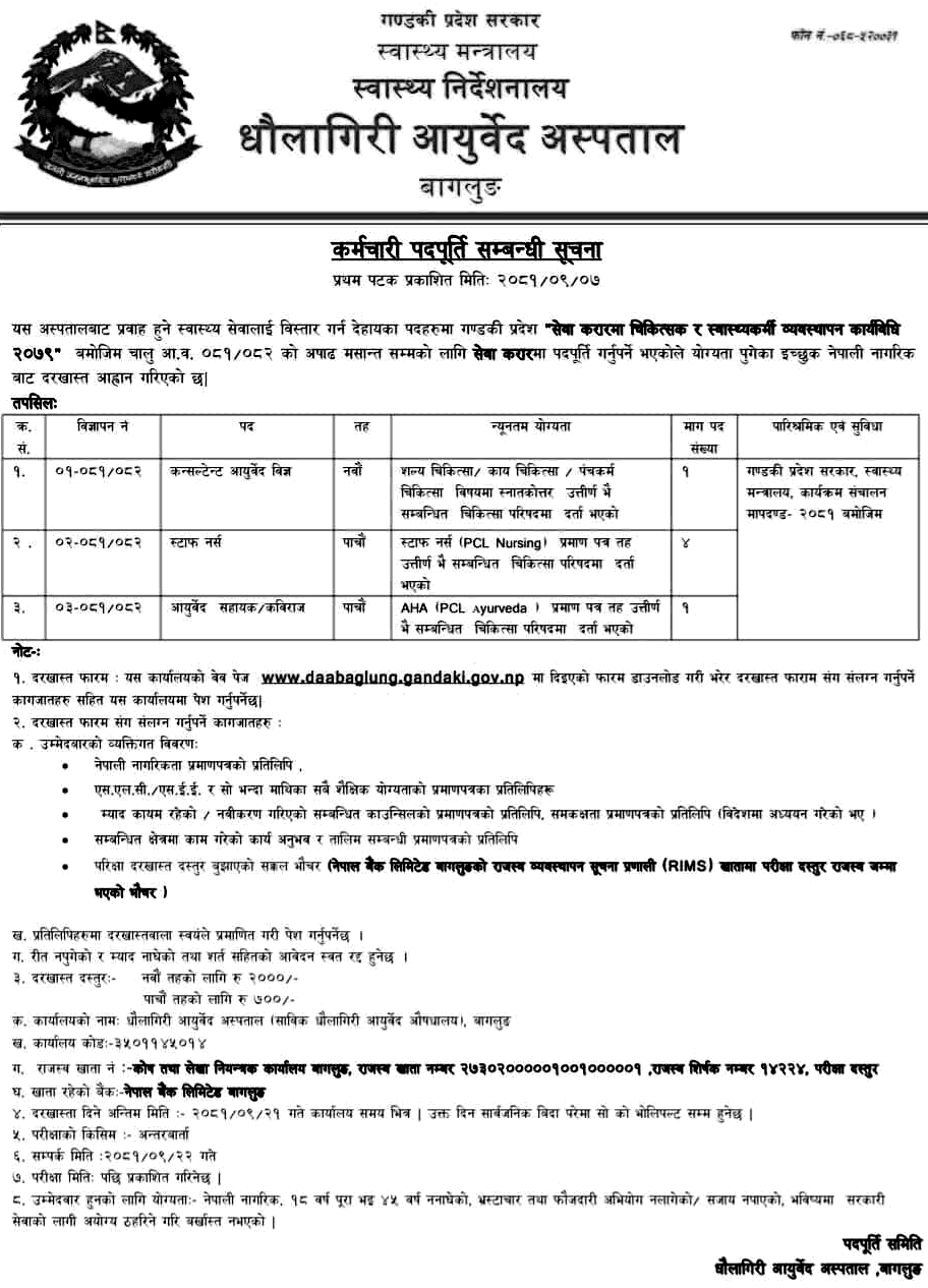 Dhaulagiri Ayurveda Hospital Vacancy for Various Positions 2081 