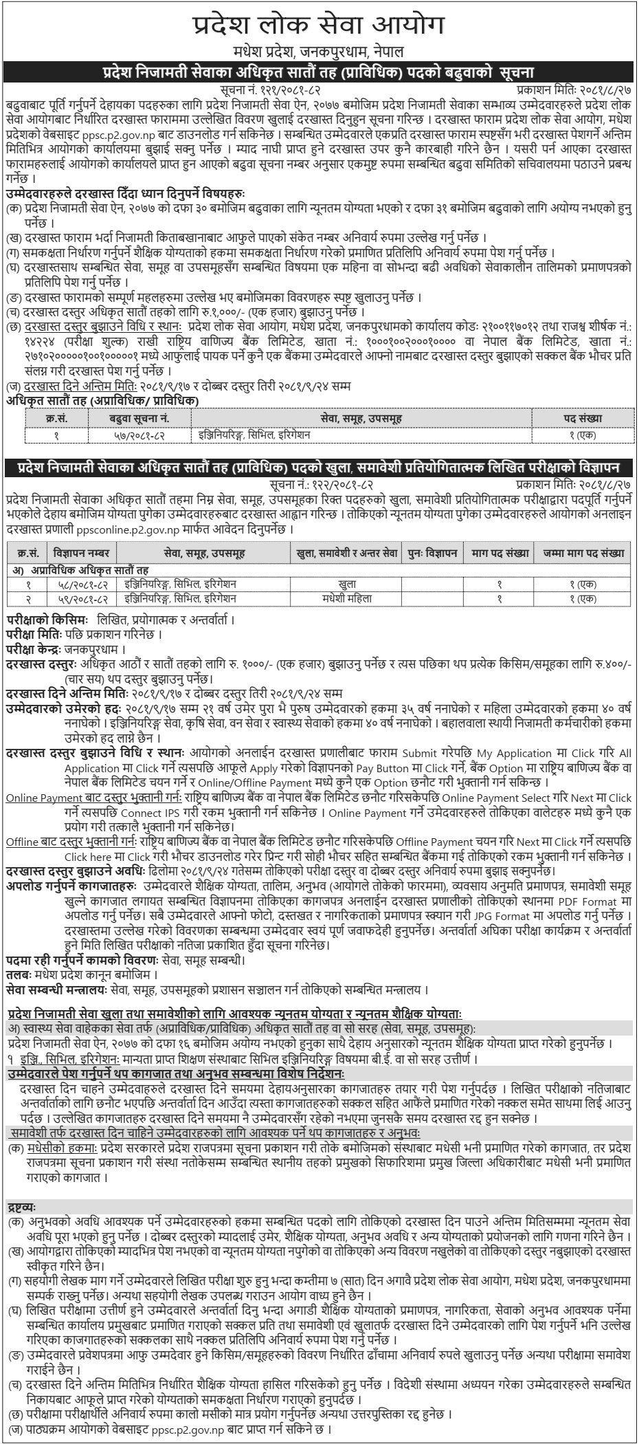 Madhesh Pradesh Lok Sewa Aayog Vacancy for 7th Level Engineer 2081 