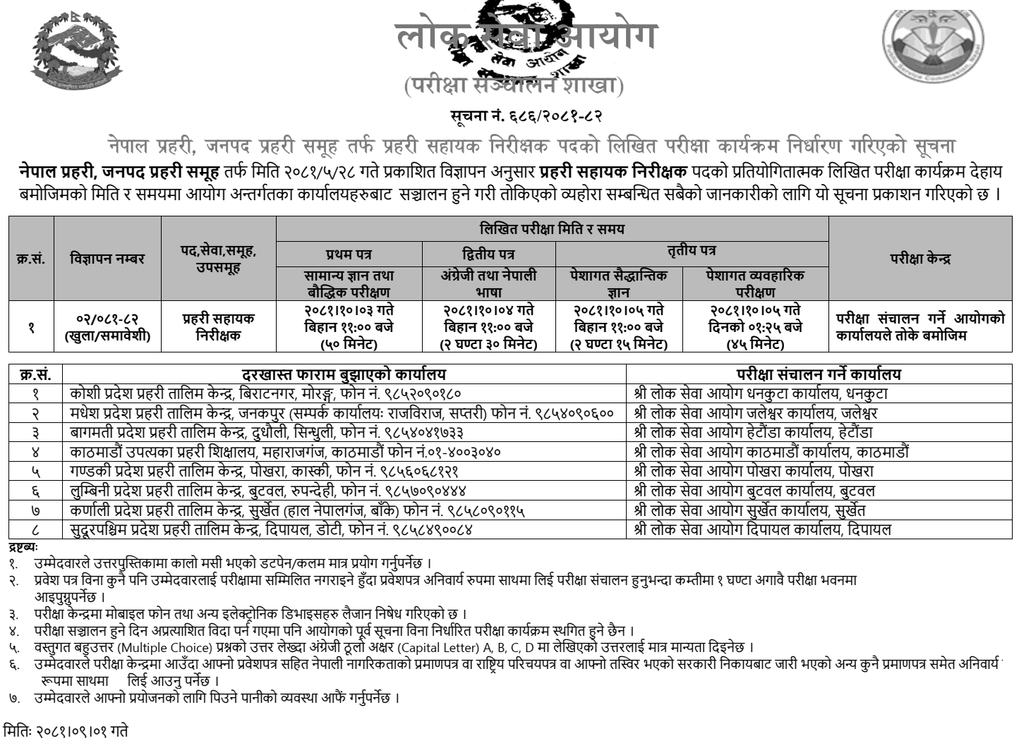 Nepal Police ASI Post Written Exam Centers 2081 