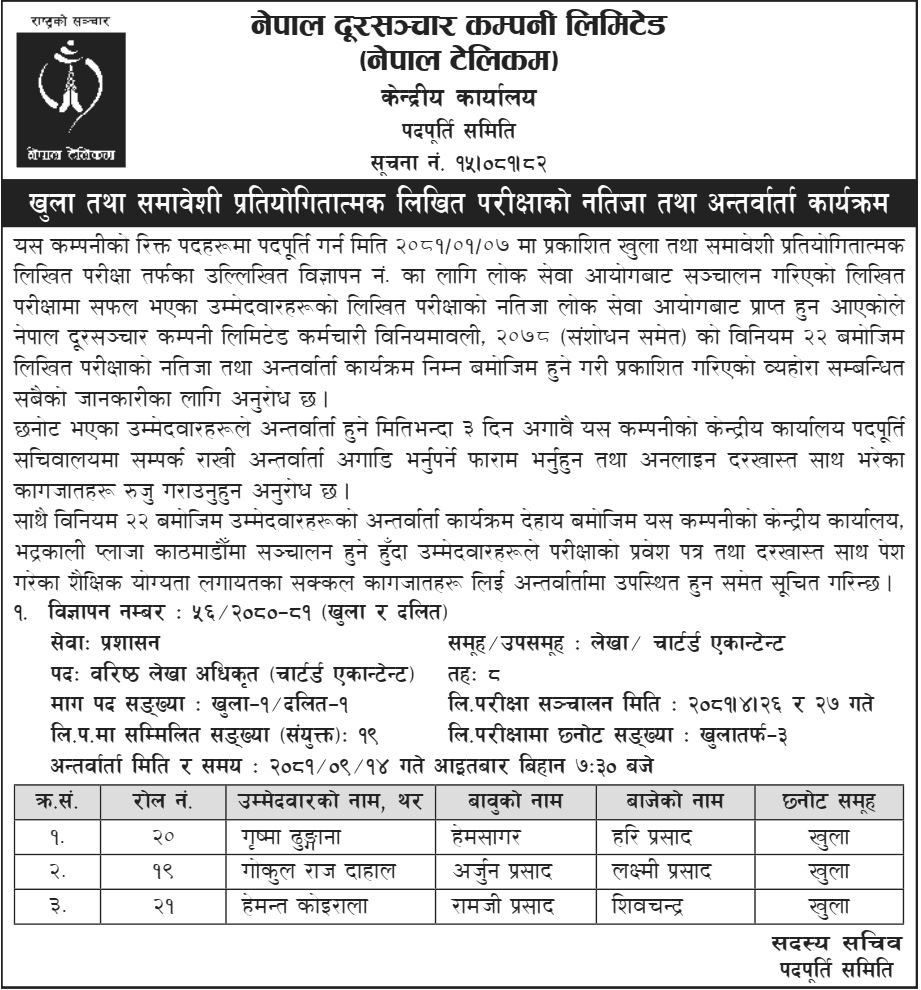 Nepal Telecom Senior Accounts Officer Written Result and Interview Notice 2081 