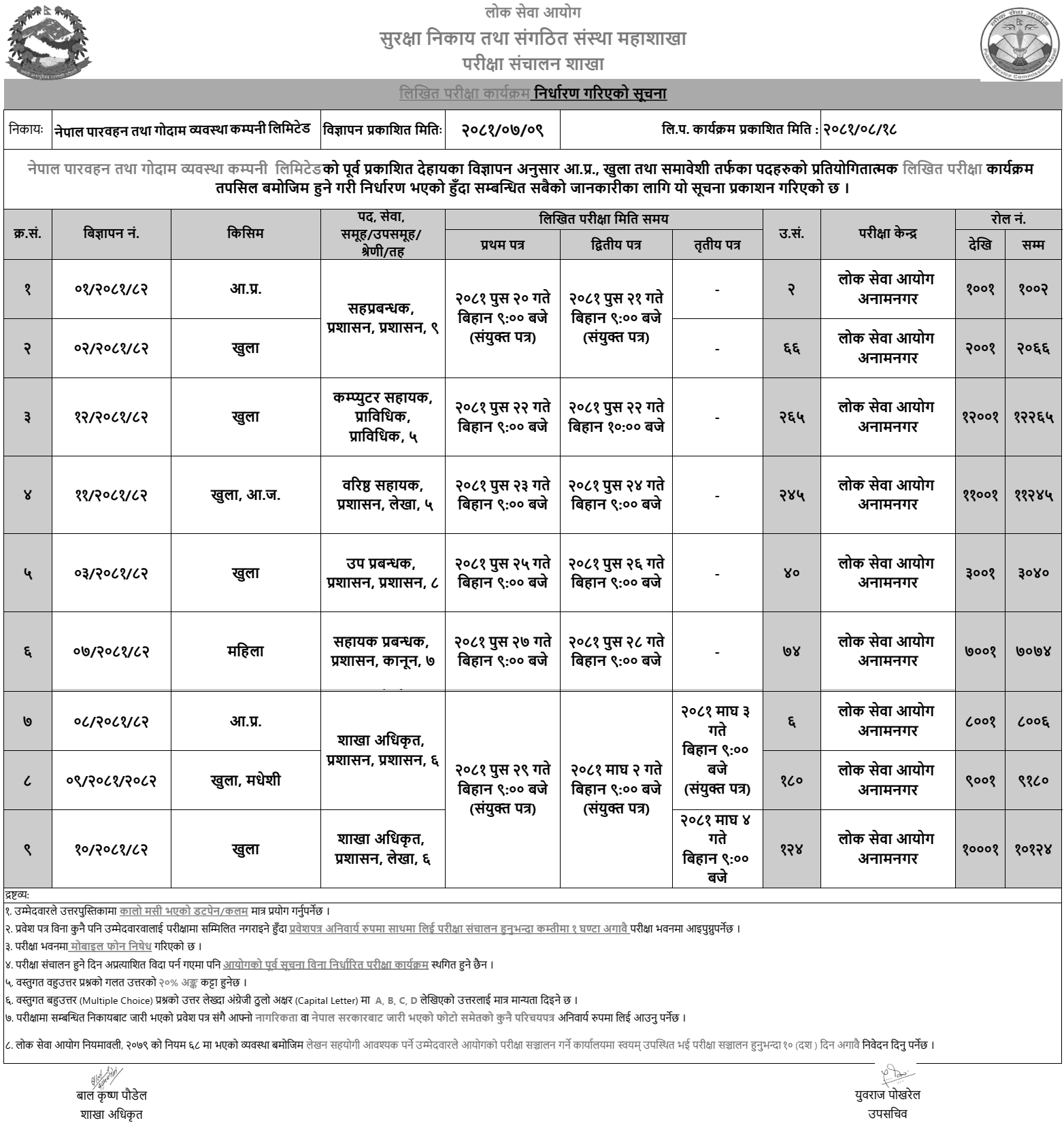 Nepal Transit and Warehousing Written Exam Routine and Centers 2081 Published 