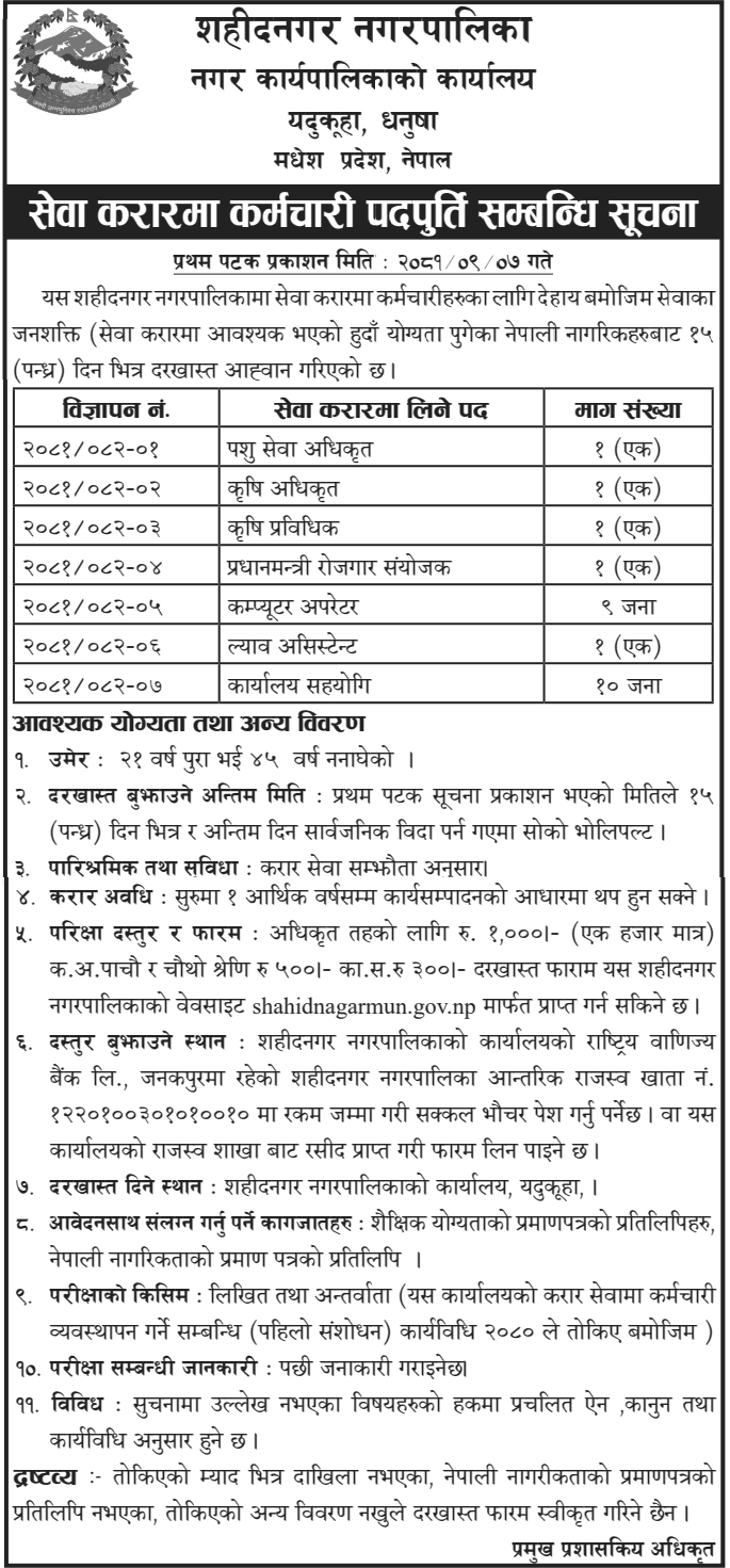 Shahidnagar Municipality Vacancy for Various Positions 2081 