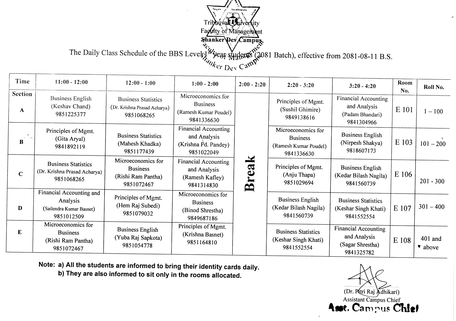 Shanker Dev Campus BBS 1st Year Daily Class Routine 2081 