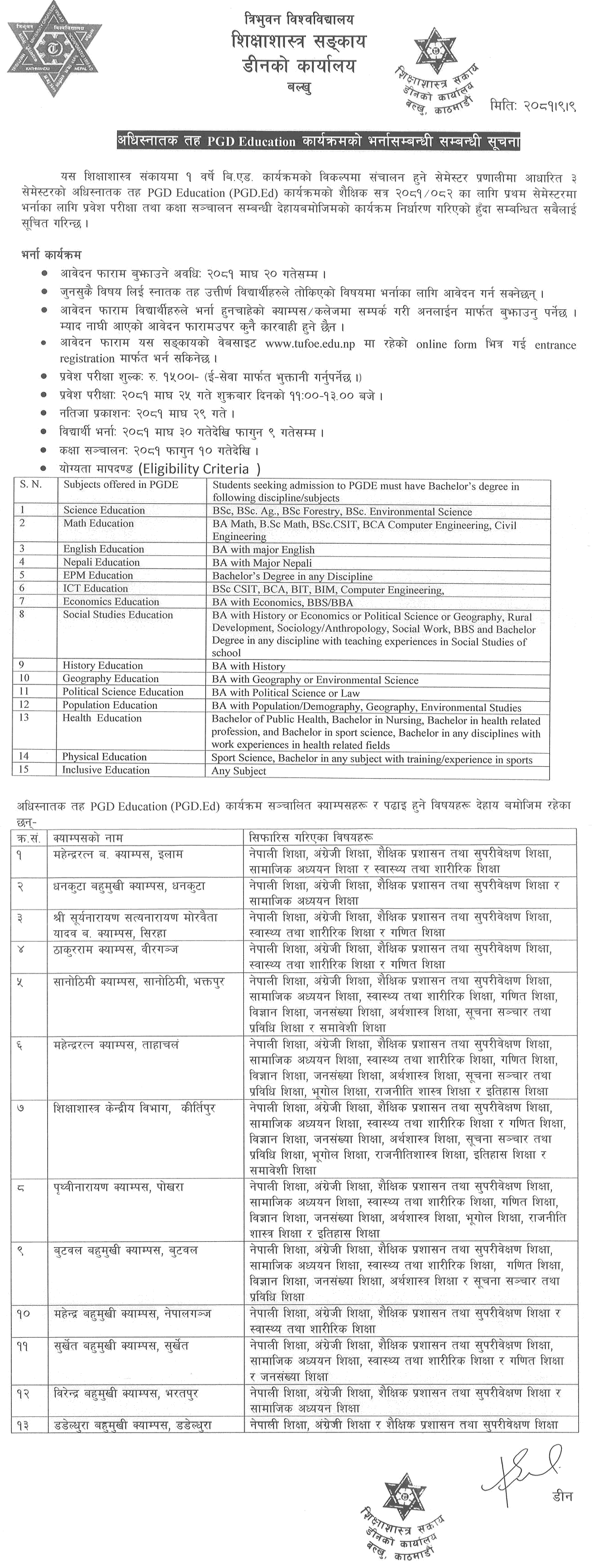 Tribhuvan University Semester Level PGD Education Program Admission 