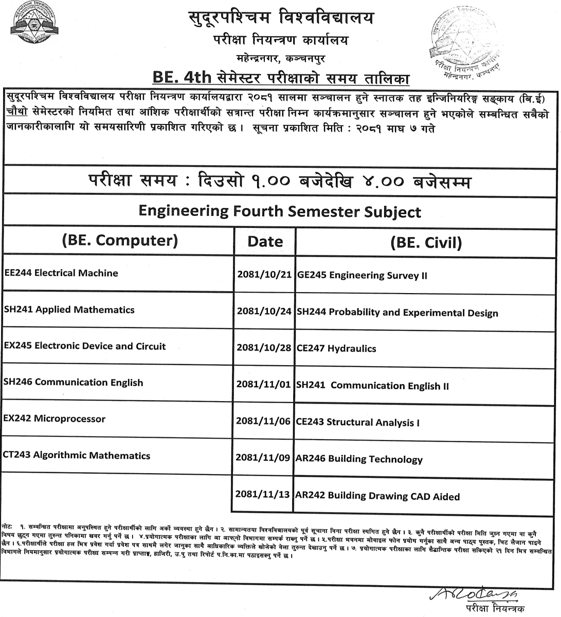 BE 4th Semester Examination Schedule Far Western University 