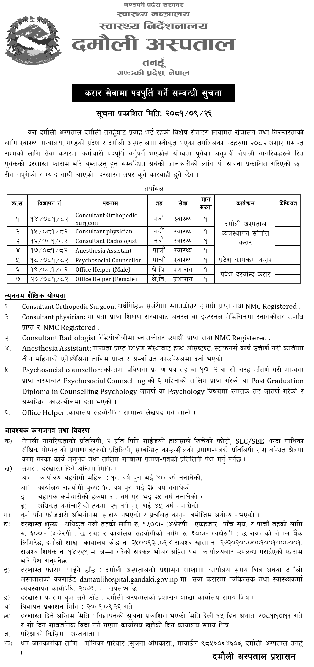 Damauli Hospital Vacancy for Various Positions 