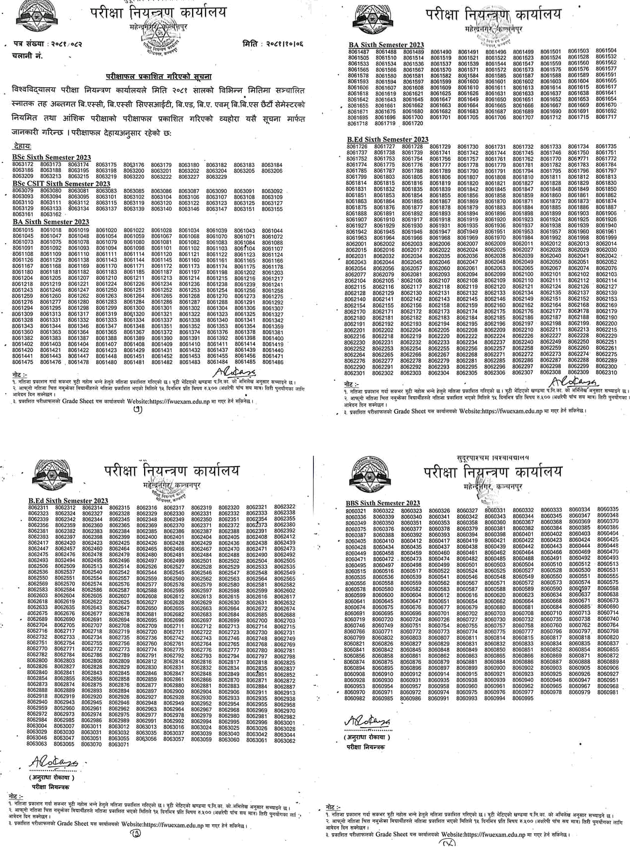 Far-Western University BA, BEd, BBS, BSc, and BSc CSIT 6th Semester Results 